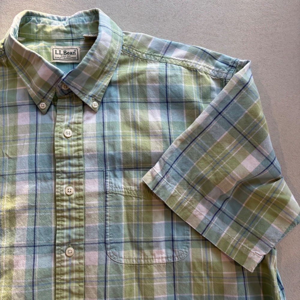 LL Bean Men Large Tall LT Short Sleeve Plaid Button Down Shirt Green Blue Cotton